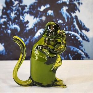 Vintage MCM Olive Green "See No Evil" Monkey Pilgrim Glass Figurine 4"